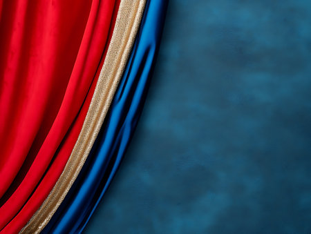 Red and blue velvet curtain on a blue background. 3d renderingの写真素材