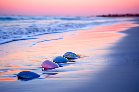zen stones on the beach at sunset, meditation and relax concept, harmony and balanceの写真素材