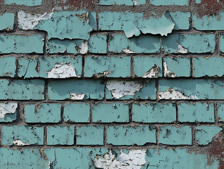 Old blue brick wall with peeling paint. Abstract background for design.の写真素材