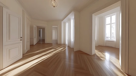 3d render of empty room with hardwood floor and white wallsの写真素材