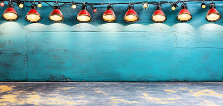 Vintage light bulbs on the wall with blue grunge background.の写真素材