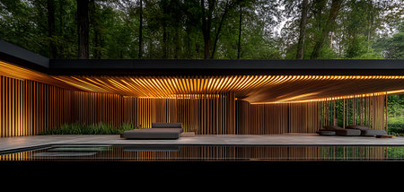 3d rendering of modern wooden reception desk in the garden at nightの写真素材