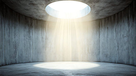 Concrete room with light beam coming out of the ceiling. 3D rendering