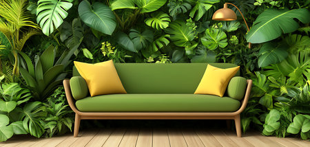 3d rendering of green sofa in the garden with tropical leaves backgroundの写真素材