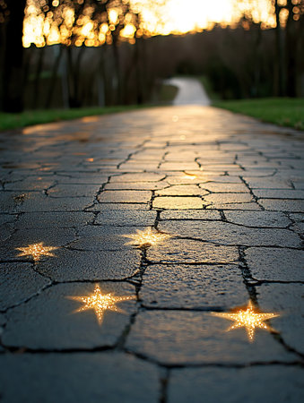 Sunset in the city park. Cobblestone walkway with lightsの写真素材