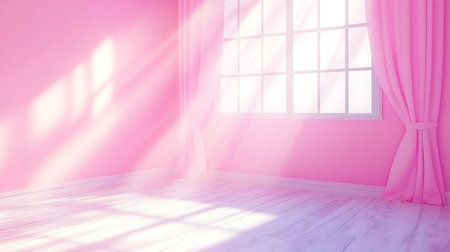 Empty room with pink curtains and window. 3d render illustration.の写真素材