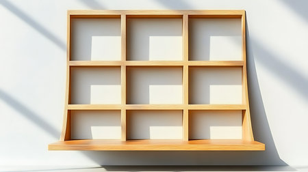 Empty wooden shelves on white wall background. 3D render illustration.の写真素材