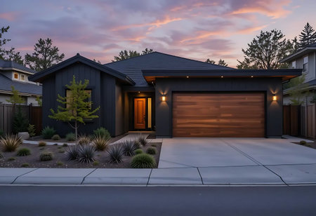 3d rendering of modern cozy house with garage and pool for sale or rent with beautiful landscaping on background. Clear summer night with blue sky.の写真素材