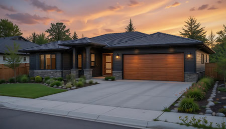 3d rendering of modern cozy house with garage and pool for sale or rent with wood plank facade.の写真素材