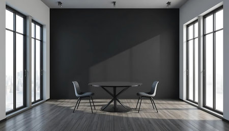 Interior of modern dining room with black walls, wooden floor, round table and armchairs. 3d renderingの写真素材