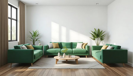 interior modern bright room with green sofa 3D rendering illustration design
