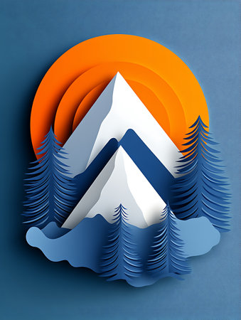 Mountain landscape with fir trees and blue sky. Paper art style.の写真素材