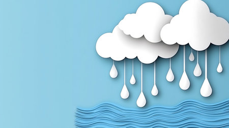 Clouds with rain on blue background. Paper art style. Vector illustrationの写真素材
