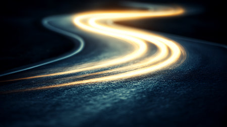 Curved asphalt road with light trails at night. Abstract background.の写真素材