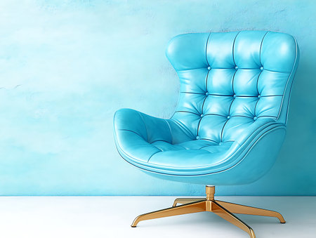 Blue leather armchair on a blue wall background. 3d renderの写真素材