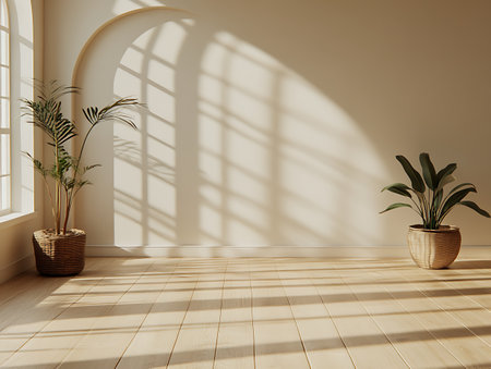 Empty room with window and plants. 3D render. Mock upの写真素材