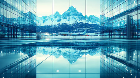 Reflection of mountains in glass wall of office building. 3d rendering
