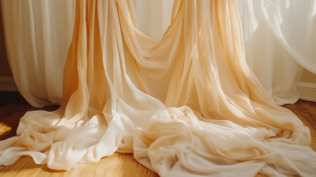 Wedding dress on the floor. Wedding dress. Soft focus.の写真素材