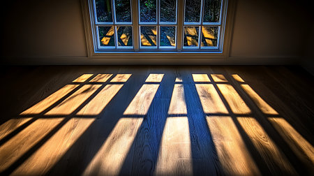 Sunlight coming through the window in an empty room with wooden floorの写真素材
