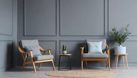 Interior of modern living room with gray walls, wooden floor and armchairs. 3d renderの写真素材