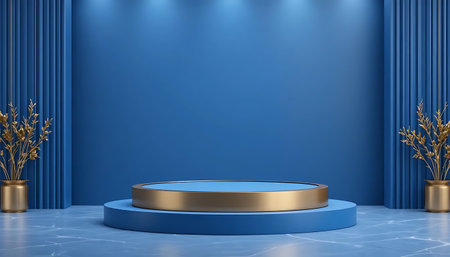 Blue podium with gold elements, 3d rendering. Computer digital drawing.の写真素材