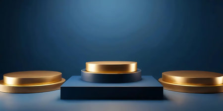 Black and gold podium on blue background. 3d render, 3d illustration.