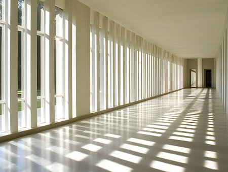 Interior of a modern building, wide corridor with windows and floorの写真素材