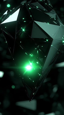 3d illustration of low poly crystal with green lights over black background