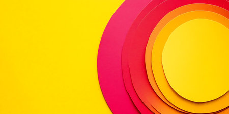 Colorful paper circle on yellow background with copy space for text.の写真素材