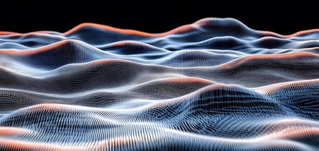 3D illustration of abstract digital landscape with flowing particles, 3D rendering