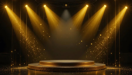 Stage Podium Scene with for Award Ceremony illuminated with spotlight. Award ceremony concept. Stage backdrop.の写真素材