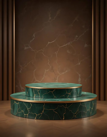 3d render of green marble podium with gold pattern on brown backgroundの写真素材
