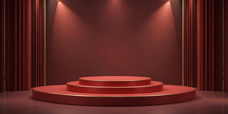 Red podium with red curtains and spotlights. 3D rendering.の写真素材