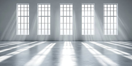Empty white room with windows and sunlight. 3D Rendering.の写真素材