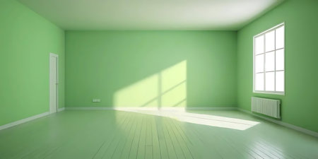 Green empty room with window and parquet floor, 3d renderの写真素材