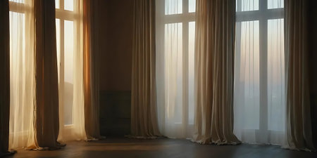 Sunlight through the window in a room with curtains. 3d renderingの写真素材