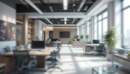 Blurred view of modern open space office interior. 3D rendering