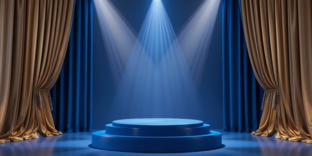 Stage podium with lighting, Stage Podium Scene with for Award Ceremony on blue Background, 3d renderの写真素材