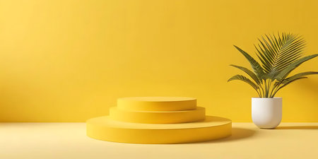 Yellow podium with palm leaf on yellow background. 3d render.の写真素材