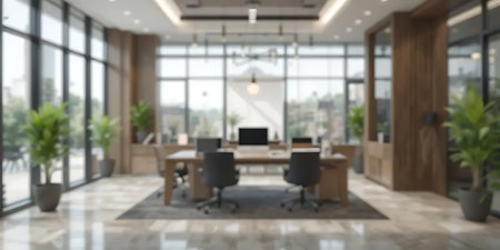 Blurred view of modern open space office interior. 3d renderingの写真素材