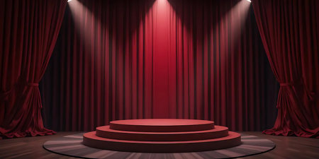 Stage podium with red curtains and spotlights, realistic vector illustration.の写真素材