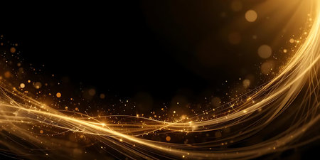 Abstract golden lines with bokeh effect on black background. Vector illustrationの写真素材
