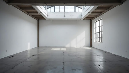 Interior of an empty room with white walls and concrete floor.