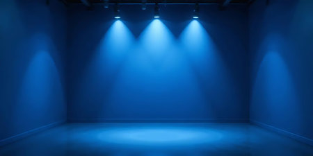 Blue stage background with spotlights and copy space. 3D rendering