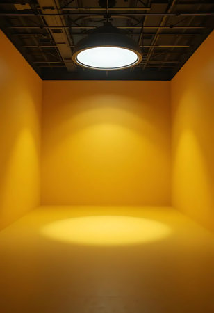 Interior of a room with a yellow wall and a ceiling lampの写真素材