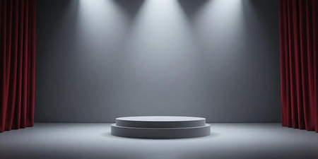 Stage podium with red curtains and spotlights. 3D rendering.の写真素材