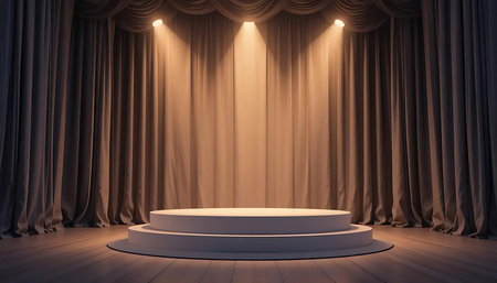 Stage podium illuminated with spotlight. Award ceremony concept. 3D Renderingの写真素材