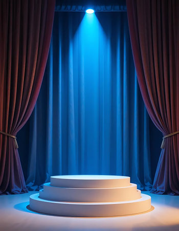 Stage podium illuminated by spotlight. Award ceremony concept. 3D Renderingの写真素材