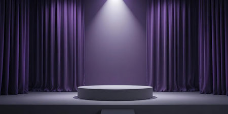 Scene with podium, curtains and spotlights. Award ceremony concept. 3D renderの写真素材