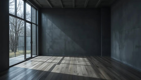 3D render of an empty room with a large window and wooden floorの写真素材